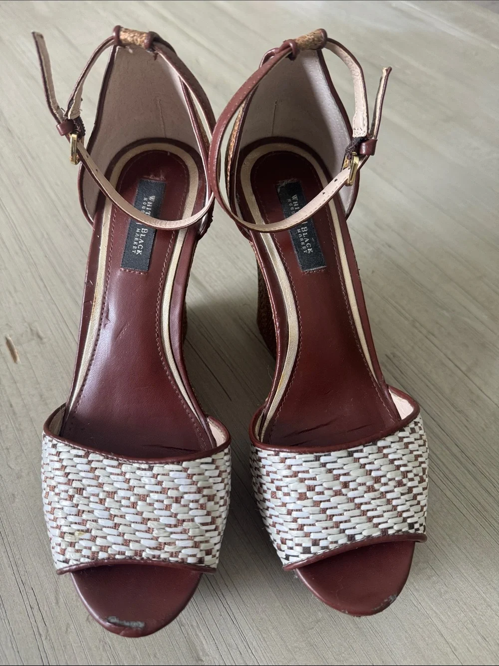 White House Black Market Brown and White Woven Wedge Sandals